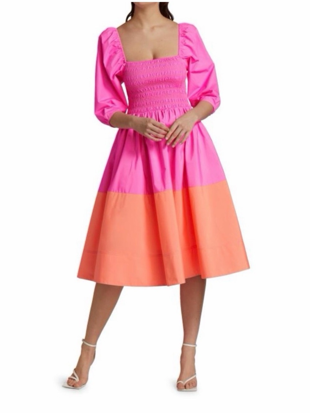 Tanya Taylor Karena Colorblock Pink Orange Neon Puff Sleeve Midi Dress Medium